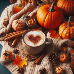 Cozy autumn vibes with a heart-shaped latte, pumpkins, and cinnamon sticks create a warm seasonal atmosphere perfect for fall-themed projects.