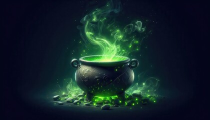 A mystical cauldron bubbling with vibrant green potion, surrounded by magical smoke, perfect for fantasy themes, Halloween, or creative projects.