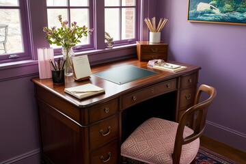 Elegant Walnut Writing Desk with Stationery in a Cozy Lavender Home Office