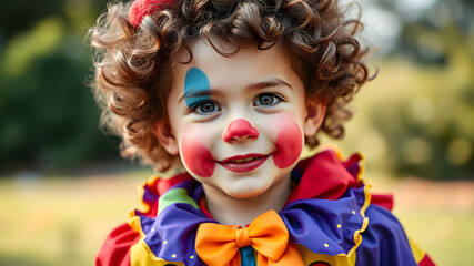 Naklejka premium Young boy child with curly hair dressed up with colorful clown costume. Generative AI