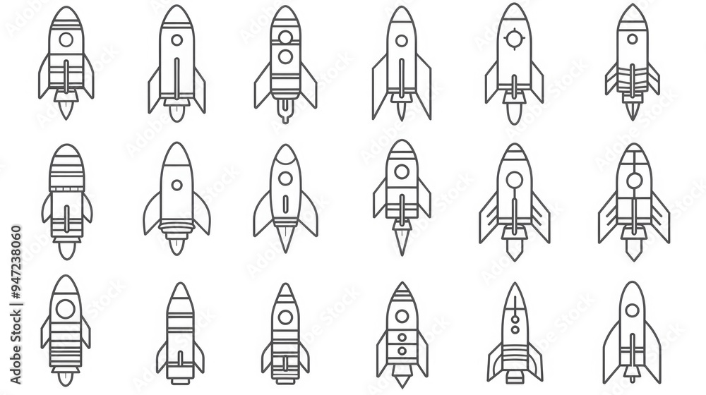 Poster rockets in different orientations and angles, suitable for illustrations or graphics