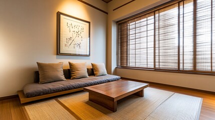 Japanese style, living room, low wooden sofa with cushions, simple coffee table with a natural finish, framed Japanese art poster on the wall, tatami mat flooring, large window with bamboo blinds,