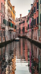 A canal in Venice features reflections of colorful buildings with windows and balconies, projected a symmetrical image of city in the water.jpeg
