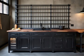 Modern Industrial Iron Countertop with Open Rack in Charcoal Kitchen Workshop Design