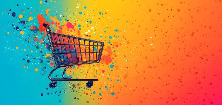 A shopping cart illustrated in black outlines sits against a colorful, playful background of splashes, conveying excitement for online shopping. The background is solid with vivid colors.