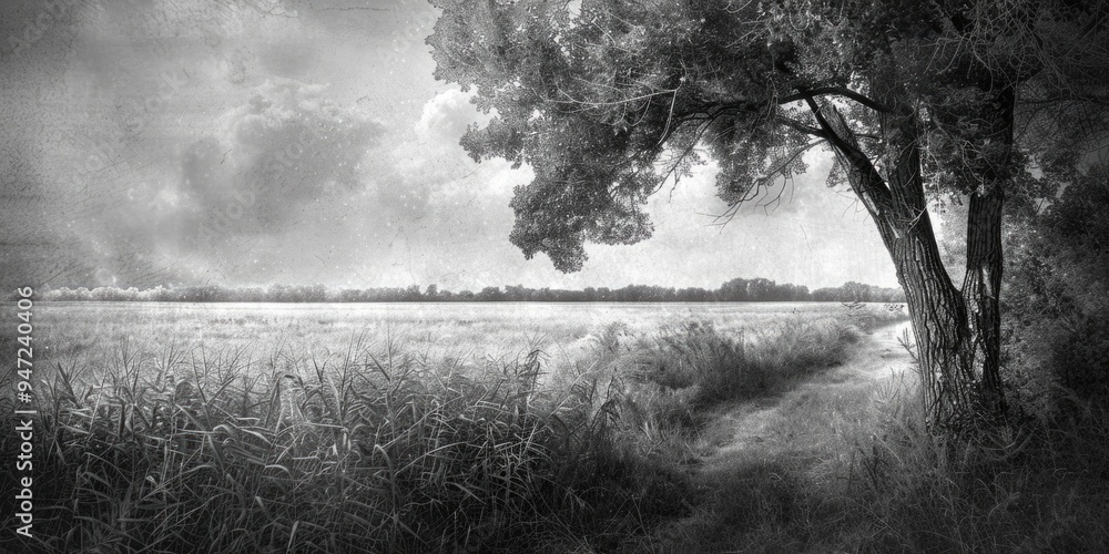 Wall mural a serene black and white landscape featuring a solitary tree in a field