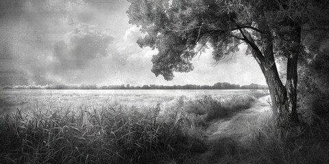A serene black and white landscape featuring a solitary tree in a field