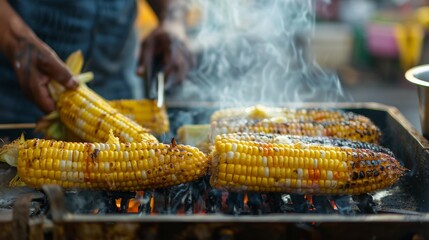 A street food vendor grilling corn on the cob and basting it with butter