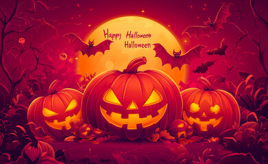 poster for halloween with pumpkins and bats on the wall.