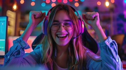 Photo of a lovely, excited, and glad woman software developer sitting in an armchair at a comfortable workspace, indoor setting, vibrant colors, cheerful expression