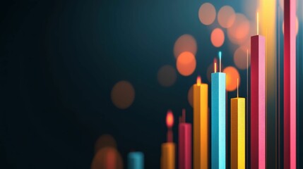 Obraz premium Visualization of stock market. 3D illustration of an illuminated bar graph with colorful columns against a dark background and bokeh lights, representing data visualization.