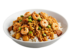 bowl of jambalaya with shrimp, sausage, rice, and green onions