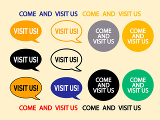 Visit us speech bubble communication label vector illustration. Icon, sign, symbol, sticker, logo, badge and banner design template.
