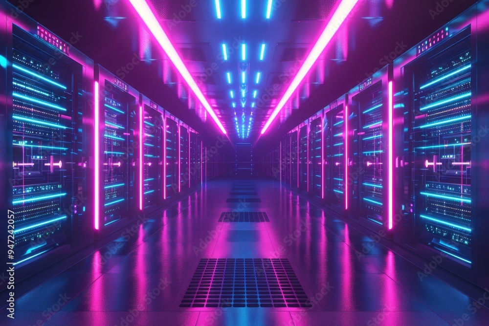 Poster a server room with neon lights illuminating the ceiling
