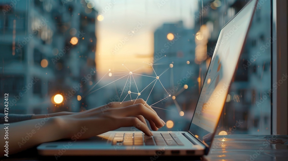 Poster hands typing on laptop with network connection graphic overlaid