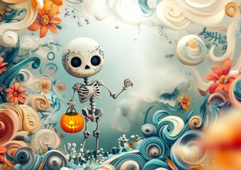 Enchanting Luxury 3D Whimsical Scene with Friendly Skeleton in Spooky Graveyard