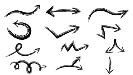 Ink hand drawn arrow doodle collection in thin black stokes isolated on white background