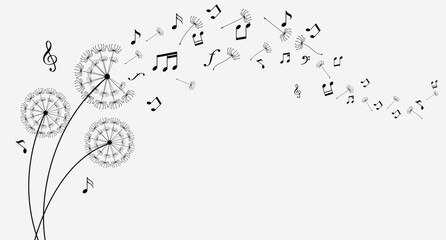 Dandelion with flying notes and seeds. Vector isolated decoration element from scattered silhouettes © halimqdn