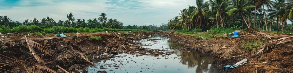 A tranquil scene featuring palm trees along a narrow river filled with litter, emphasizing the stark difference between natural beauty and ecological harm.