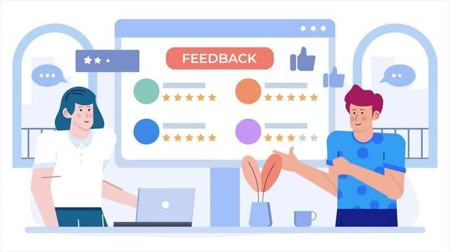 product review illustration with people character business animated video