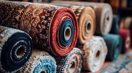 Rolled up colorful rugs in a shop.