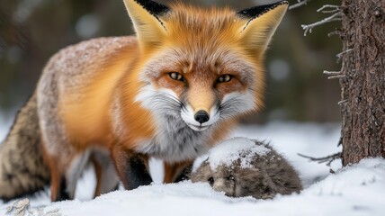 Obraz premium A close-up of a red fox exploring its snowy habitat, showcasing its vibrant fur and keen expression against a winter backdrop.