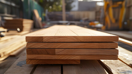 Fototapeta premium Stack of wooden planks on a construction site.