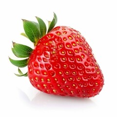 Single Red Strawberry with Green Leaves on a White Background