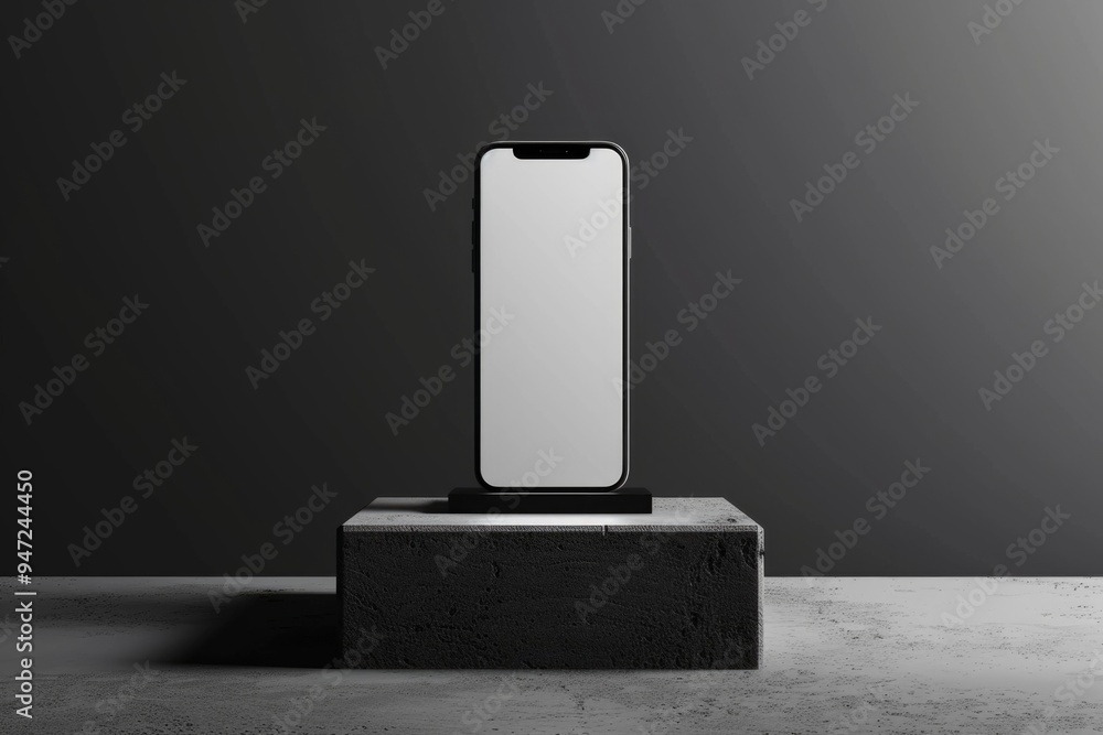 Poster A black and white image of a phone on a stand, perfect for minimalist designs or tech-related concepts
