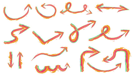 watercolor hand drawn arrow doodle collection in thin colorful stokes isolated on white background