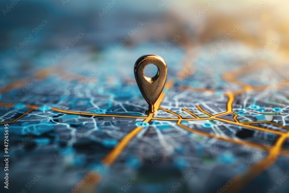 Poster A detailed view of a map with a pin marking a location, useful for navigation and travel