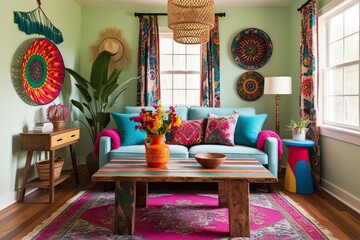 Playful Bohemian Cottage Mock-Up with Vibrant Decor and Recycled Wood Table