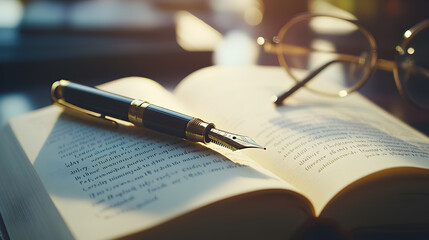 A fountain pen rests on an open book with eyeglasses in the background.