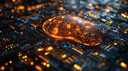 An abstract representation of a liver as a pulsating, glowing object surrounded by futuristic digital elements.