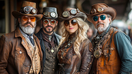 Steampunk Squad: Friends in Elaborate Halloween Costumes with Gears and Gadgets