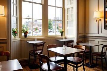 Fototapeta premium Elegant Cafe Interior with Vintage Chairs and Rectangular Tables by Bright Window