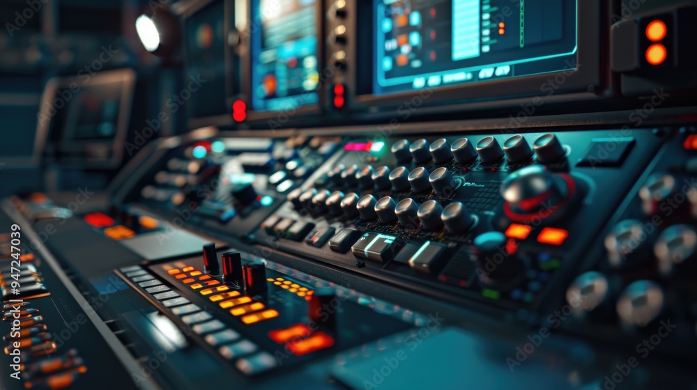 Fototapete a control panel in a professional recording studio with multiple screens and equipment