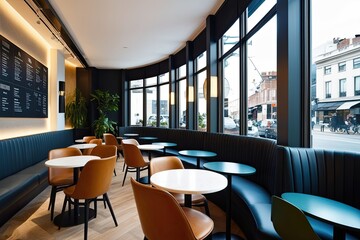 Fototapeta premium Stylish Cafe Interior Featuring Elegant Chairs and Modern Tables with Expansive Window Views