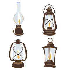 vector drawing set of vintage kerosene lamps, lanterns, hand drawn illustration