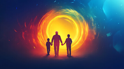 digital art banner with a glowing abstract circle in the center, featuring icons of grandparents and grandchildren holding hands, symbolizing family connection, with a modern and radiant design