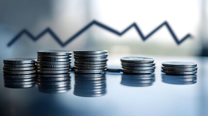 A row of coins stacks with a jagged line representing a trend above, representing a decline in financial growth.