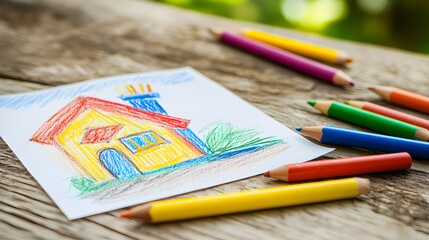 A simple drawing of a house on a piece of paper with colorful pencils around it.