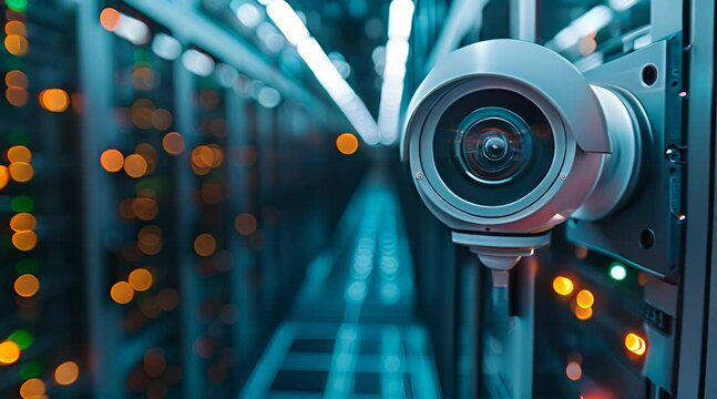 A close-up view of a security camera installed inside a server room.