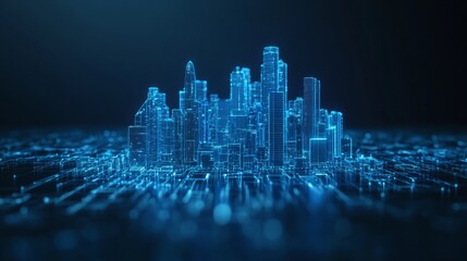 Obraz premium 3D rendering of a digital cityscape with blue hologram buildings and skyscrapers on a dark background.