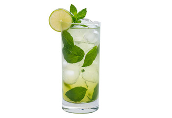 A refreshing mojito cocktail with mint leaves and a lime slice in a tall glass, presented on a transparent background.