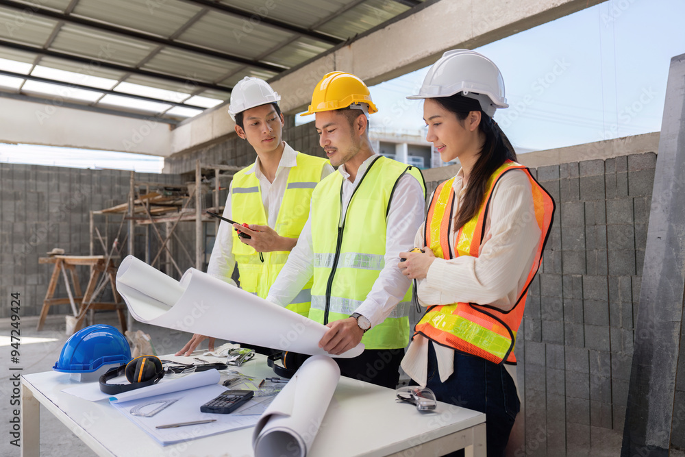 Poster engineers discussing construction blueprints on site. focus on project execution