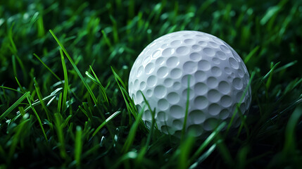 A white golf ball sits in a patch of green grass.