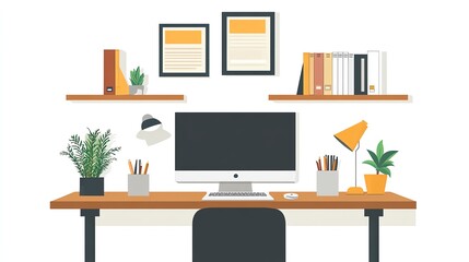 A minimalist home office workspace with a computer, desk, chair, and plants.