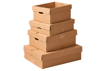 a stack of flat, unfolded cardboard boxes with pre-cut handles, displayed on a transparent background.
