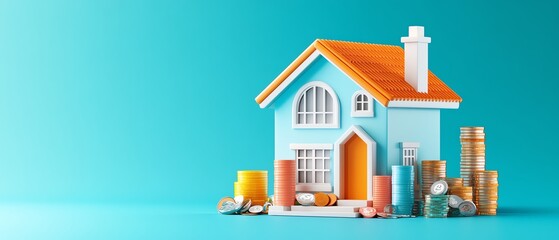 A colorful model house surrounded by coins and stacks representing home investment, savings, and financial growth.